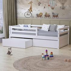 Cama Solteiro Dreams Com 02 Gavetas E Grade De Proteção Madeira Maciça Branco Megamobilia