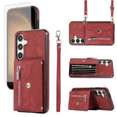 Capa de telefone para Samsung Galaxy S24 5G capa carteira e protetor de tela de vidro temperado com alça transversal de pulso cordão suporte para cartão de crédito acessórios de celular S 24 24S GS24