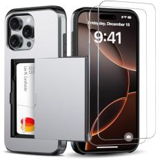 Benbenjaytek Capa carteira para iPhone 16 Pro com compartimento oculto para cartão, protetores de tela de vidro temperado e proteção extrema de camada dupla