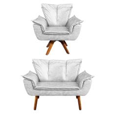 Kit 01 Namoradeira E 01 Poltrona Giratória Opala Corano Base Madeira Mm30 D\'rossi Branco