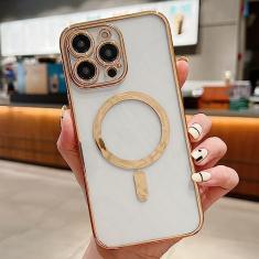 Estojo de carga magnética sem fio transparente de revestimento de luxo para iPhone 11 13 12 14 Pro XS Max X XR 8 Plus Capa de silicone macio, ouro, para iphone 13Pro Max