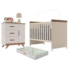 Berço Mini Cama Lívia e Cômaoda Infantil Retro Maya Off White Carvalho com Colchão Gazin - Canaã