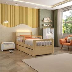 Bicama Solteiro Wave Juvenil Reversível Led com Rattan Grade de Proteção, Peseira em Palito Casatema Branco/Natural