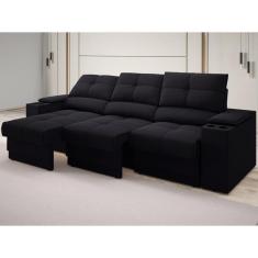 Sofá com Porta Copos e Carregador USB Retrátil e Reclinável Ringo 2,30m Velosuede Areia - NETSOFAS