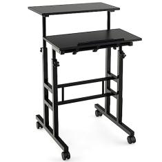 MEDIMALL Mesa de pé ajustável de 2 camadas, mesa móvel com moldura de metal, carrinho de laptop de escritório sobre rodas, estação de trabalho de computador com rodinhas para ficar em pé e sentar