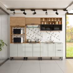 Cozinha Modulada Toscana 5 Peças Em Mdf Com Aéreo 1200 Porta De Vidro Basculante E Torre Quente 2 Fo Freijó/off White