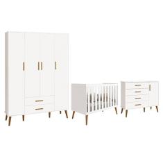Dormitório Infantil Isis Guarda Roupa 4 Portas, Cômoda 1 Porta E Berço Branco - Reller Móveis Branco