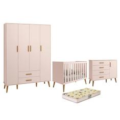 Dormitório Infantil Isis Guarda Roupa 4 Portas, Cômoda 1 Porta E Berço Rosa Com Colchão D18 - Reller Móveis Rosa