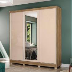 Guarda Roupa Casal CB06N577 3 Portas de Correr 4 Gavetas MDP Branco Nogueira-Macadâmia Kappesberg
