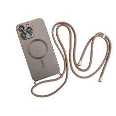 Capa magnética de cordão crossbody para iPhone 15 14 13 12 11 Pro Max Plus X XS XR Capa de proteção de câmera de TPU macio, marrom cinza, para iPhone 15 Pro