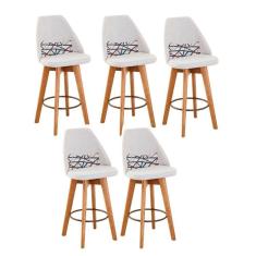 Kit 05 Banquetas Alta Maya Giratória Com Encosto Gourmet Linho Bege e Almofada Linhas Coloridas - Aurora Line