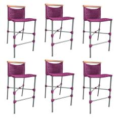 Kit 6 Banquetas Anne Em Corda Náutica Base Em Alumínio Cinza Com Detalhe Em Madeira Rosa - Cor: Rosa