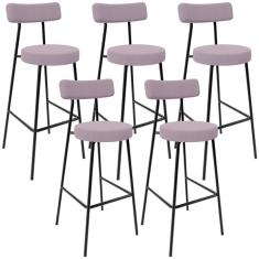 Kit 05 Banquetas Baixa Bar Cozinha Sala De Jantar Estrutura Em Aço Milão L02 Suede Rosê