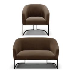 Sofá Namoradeira E Poltrona Base Industrial Preto Stella Suede Marrom D03 - D`rossi