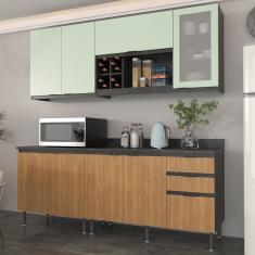 Cozinha Compacta Azaleia 200cm Com Tampo, 4 Peças, 8 Portas E 3 Gavetas Com Divisor De Talheres Freijó-verde