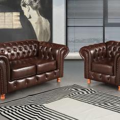Conjunto Sofá 2 Lugares E Poltrona Luis Xv Chesterfield Vintage Café