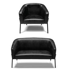 Sofá Namoradeira e Poltrona Pé de Ferro Preto Stella Sintético PU Preto D03 - D'Rossi