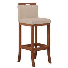 Banqueta Alta Encosto Estofado 38 x 98 Cm Turim Madeira Maciça Pinhão Suede Bege - CC