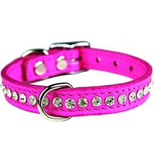 OmniPet Coleira de couro de cristal para cães, couro rosa de grão sólido, serve para pescoço de 19 a 24 cm