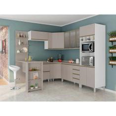 Armário De Cozinha Completa 10 Pçs Com Vidro Tampo Bancada Pérola Móveis Branco Polar Com Connect