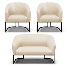 Sofá Namoradeira E 2 Poltronas Base Industrial Preto Stella Corino D03 - D`rossi Cor Bege