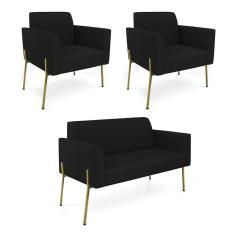 Sofá Namoradeira E 2 Poltronas Pé De Ferro Dourado Marisa Linho Preto D03