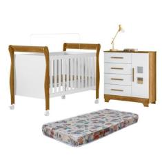 Quarto de Bebê com Berço Mini Cama 100% Mdf com Colchão Slim e Cômoda 