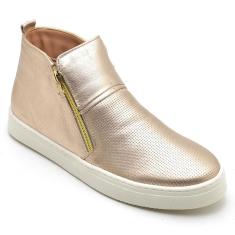 Tênis Casual Feminino Cano Médio Couro Fechamento em Zíper-Feminino