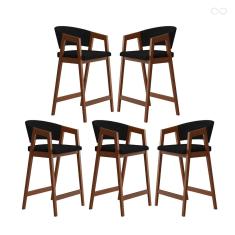 Kit 5 Banquetas Alta com Encosto Ravena Madeira Maciça Maciça Pinhão Suede Preto CCS