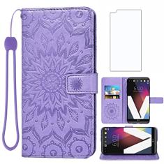 Asuwish Capa de telefone para LG V20 Capa carteira com protetor de tela de vidro temperado e capa flip fina de couro girassol suporte para cartão de identificação de crédito acessórios para celular