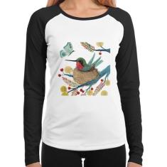 Baby Look Raglan Beija Flor No Ninho Manga Longa - Foca na Moda, Branc
