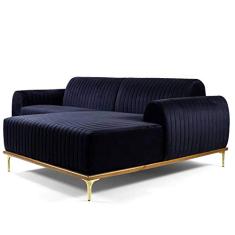 Sofá 4 Lugares com Chaise Esquerdo Base de Madeira Euro 265 cm Veludo Azul - Gran Belo