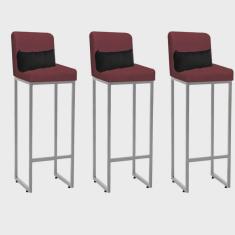 Kit 03 Banqueta Alta com Encosto Lucca Industrial Cozinha Balcão Ferro Cinza Suede Bordô e Almofada Preto - Ahazzo Móveis