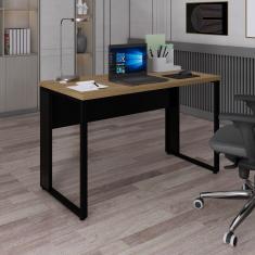 Mesa Retangular Pé Metálico Para Escritório Amadeirado Preto