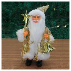 Boneco Natal Papai Noel Com Brilho Dourado Em Tecido 22cm