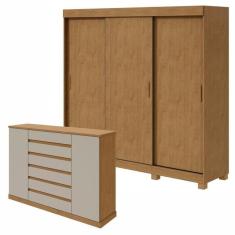 Conjunto de Guarda-Roupa 3 Portas 3 Gavetas Saion Plus com Pés e Cômoda Vedra  Amêndoa Clean/Off White