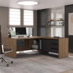 Mesa para Escritório em L Diretor com 5 Gavetas Y37 Nogal/Preto