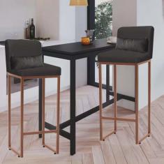 Kit 02 Banqueta Alta com Encosto Lucca Industrial Cozinha Balcão Ferro Bronze Suede Cinza e Almofada Cinza - Ahazzo Móveis