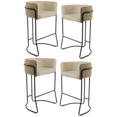 Kit 4 Banquetas Decorativas Base Aço Preto Betina C-129 Linho Bege Lã - Domi