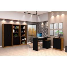 Conjunto 3 Armários Organizador e 1 Mesa Escrivaninha Office 1 Balcão Escritório Preto com Freijó - Rede Móveis