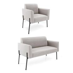 Sofá Namoradeira E Poltrona Pé De Ferro Preto Marisa Veludo Cinza D03 - D`rossi