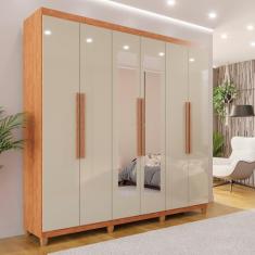 Guarda-roupa Casal 6 Portas 4 Gavetas com Espelho com Pés Atlanta Cinamomo/Off-White