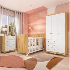 Quarto de Bebê Completo com Berço Guarda Roupa 3 Portas e Cômoda 100% Mdf Mimo Espresso Móveis Branco Brilho/Amêndoa