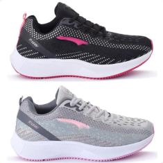 Kit 2 Pares De Tênis Feminino Original Rdw RD97, Preto pink, Cinza pin