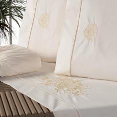 Jogo Lençol Queen Bordado Crivo 4 Peças 200 Fios 100% Algodão Percal -