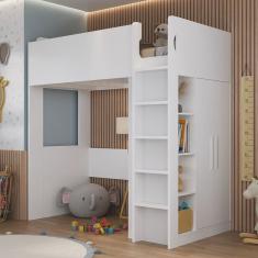 Cama Alta Infantil/Juvenil com Armário e Nichos Casatema Branco