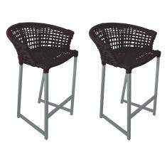 Kit 2 Banquetas Reis Em Corda Náutica E Base Em Alumínio Cinza Para área Gourmet Externa Marrom