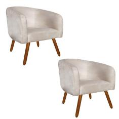 Kit 02 Poltronas Stella Suede Bege Pés Palito Castanho