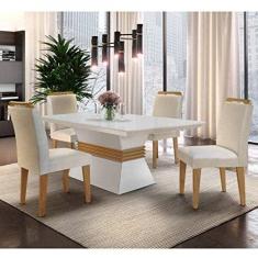 Conjunto Sala de Jantar Mesa e 4 Cadeiras Santorini Siena Móveis Veludo Creme/Off White/Imbuia