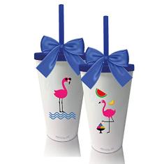 Kit 2 Copos com Tampa, Canudo e Laço Azul Personalizados Flamingo Dia das Crianças